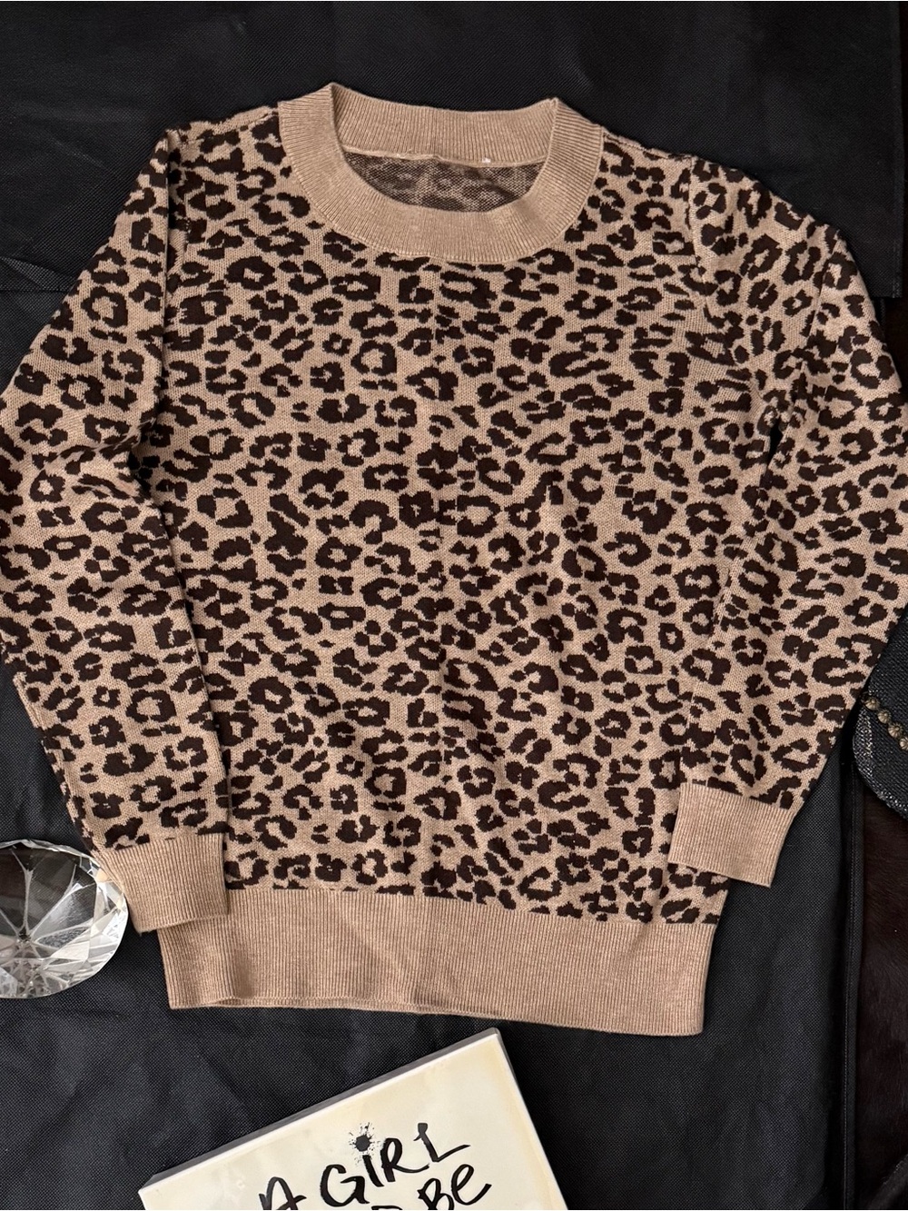 Beige Leopard Print Crewneck Sweater - Women's